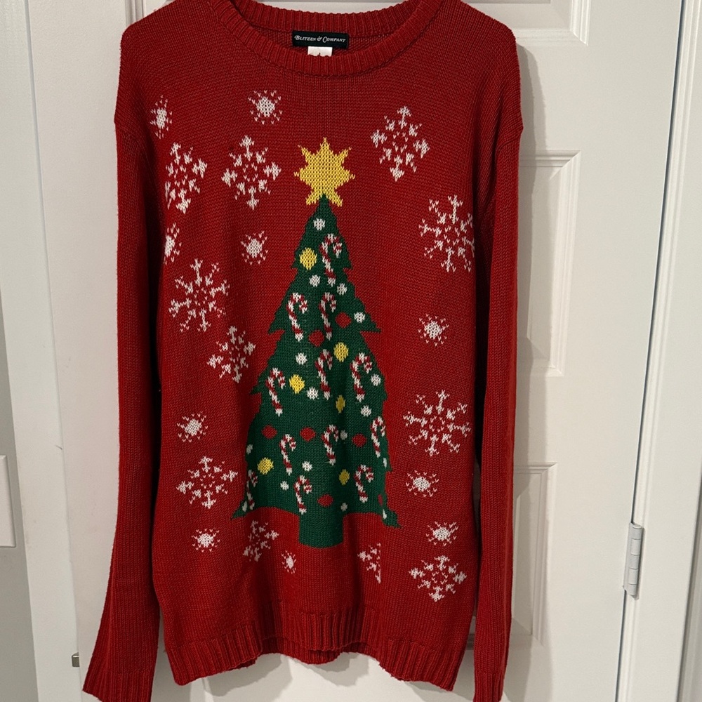 Festive Red Christmas Tree Sweater Mens unisex Large oversized ugly holiday 🌲